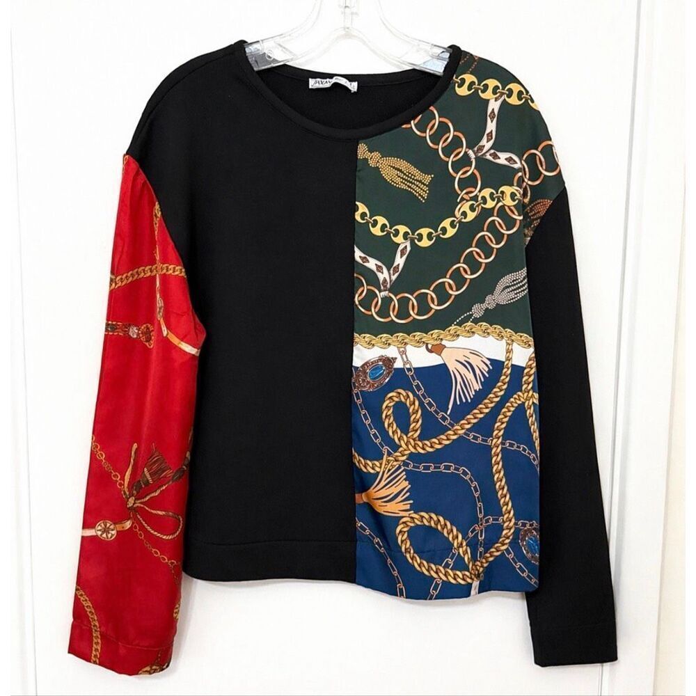 Zara Mixed Print Chain Blouse Womens Statement Top Colorblock Scarf Print Long S